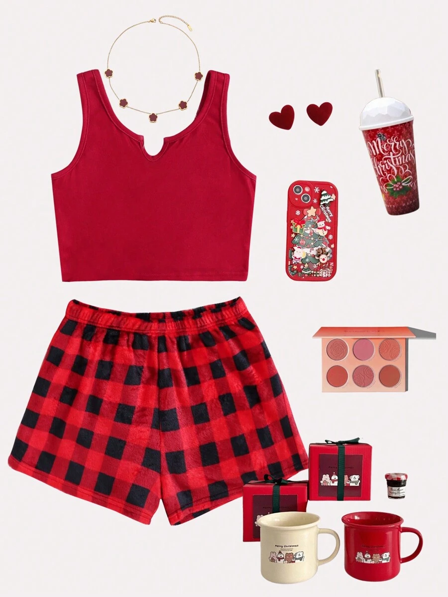 SHEIN Tween Girl 2pcs Christmas Simple Cozy V-Neck Camisole & Plaid Pattern Reversible Flannel Shorts Comfy Sleepwear Set