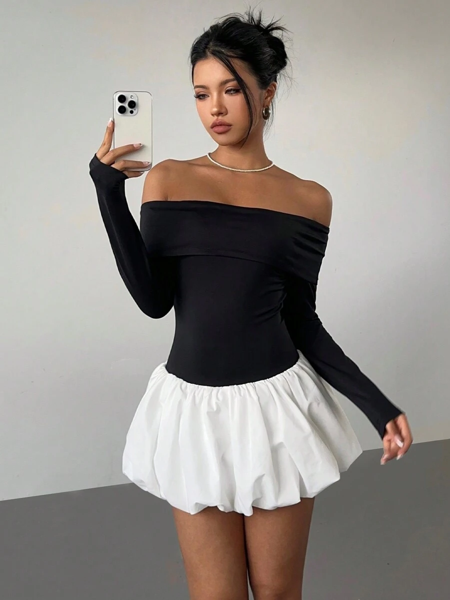 Aloruh Vestido elegante con hombros descubiertos, bloqueo de color y bajo con volantes para el otoño