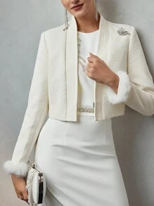 MOTF PREMIUM FLUFFY CUFF RHINESTONE BROOCH DETAIL CROP JACKET - Apricot - View 7