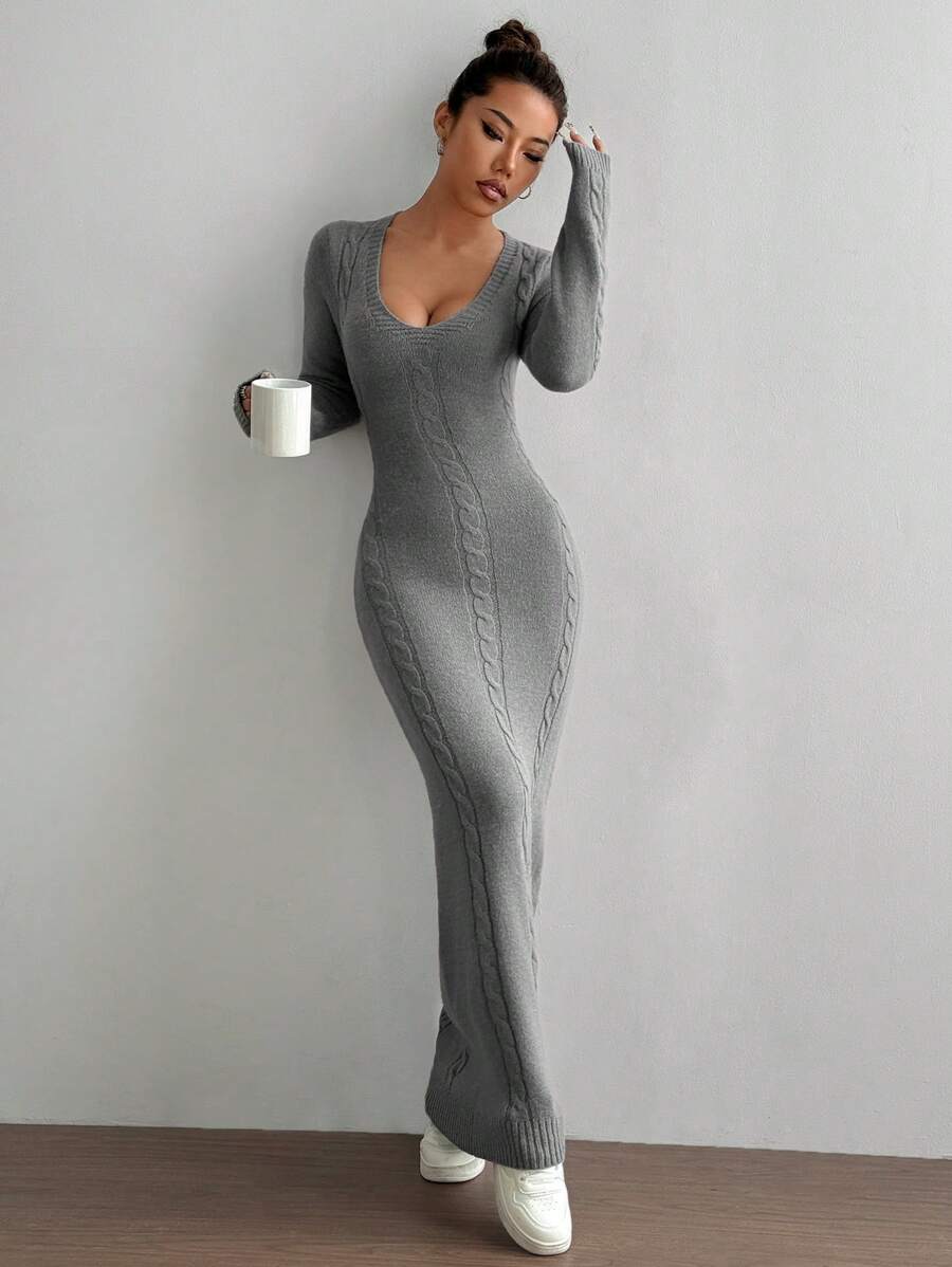 SHEIN Unity Women's Solid Color Long Casual V-Neck Sweater Dress For Fall - Grey - View 1