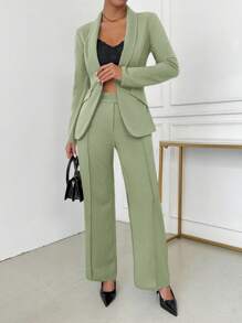 SHEIN SXY Conjunto de blazer y pantalón de mujer con solapa entallada y abotonadura sencilla, elegante para otoño/invierno - verde menta - Ver 5