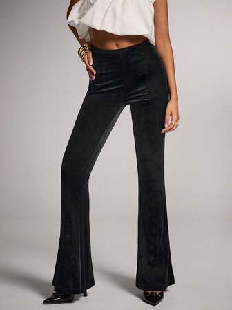 SHEIN BAE Women's Black Solid Color Velvet Elastic Waist Slim Fit Flare Leg Pants, Suitable For Autumn/Winter, Nightclub Party, Carnival Party, Club Party