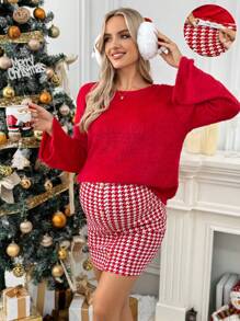 SHEIN Maternity 2pcs/Set Outfit - Solid Color Round Neck Long Sleeve Top And Adjustable Waist Houndstooth Skirt