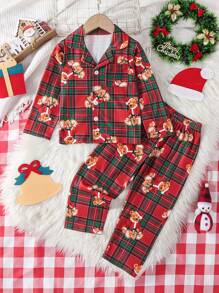 2pcs/Set Tween Boys Burgundy Plaid Bear Print Polo Collar Cardigan And Casual Pants Home Wear, For Christmas - Burgundy - View 3