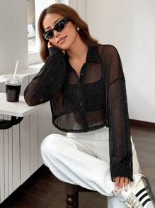 SHEIN EZwear 女式透明亮片落肩长袖短款衬衫，秋季 - 黑色 - 查看 4