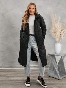 SHEIN LUNE Áo khoác ấm áp có mũ trùm đầu túi chéo giản dị dành cho nữ - màu đen - Xem 5