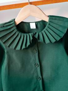 SHEIN Young Girl Elegant Collared Ruffle Sleeve White Long Sleeve Casual Blouse, Suitable For Fall, Winter, School, Back-To-School, Formal Events, Daily Wear,Holiday,Summer,Travel