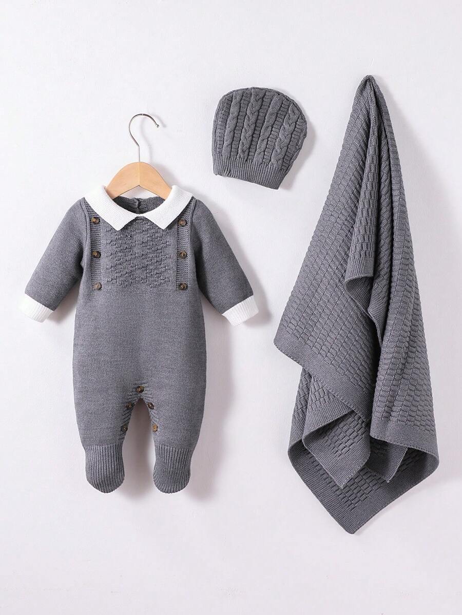 Pelele de suéter para niños pequeños con cuello, mono de punto de manga larga con pantalones con pies, mono versátil gris y gris oscuro para recién nacidos e infantes, cómodo y cálido para otoño/invierno