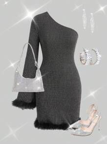 Ellevyn Women Silver Metallic Fabric Ruffle Hem Flared Sleeve One-Shoulder Fitted Dress, Black Halloween Clothes - Silver - View 1