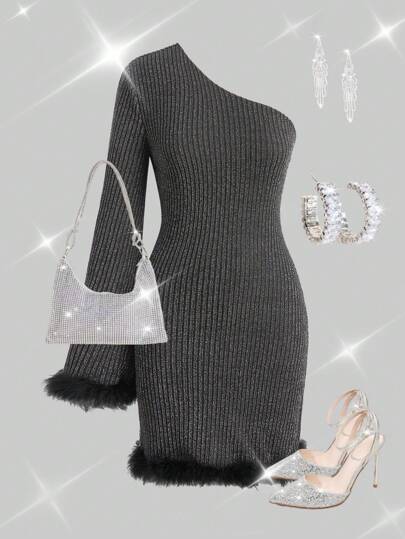 Ellevyn Women Silver Metallic Fabric Ruffle Hem Flared Sleeve One-Shoulder Fitted Dress, Black Halloween Clothes