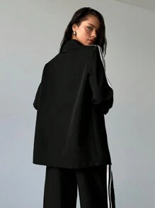 Aloruh 女式侧条纹休闲西装外套，秋季 - 黑色 - 查看 3