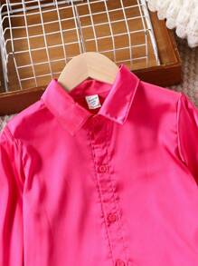 SHEIN 2st/set Ung flicka Elegant långärmad skjorta i satintyg med fluffig manschett och fluffiga byxor, lämplig för vår, höst och vinter - Skrikrosa - Visa 4