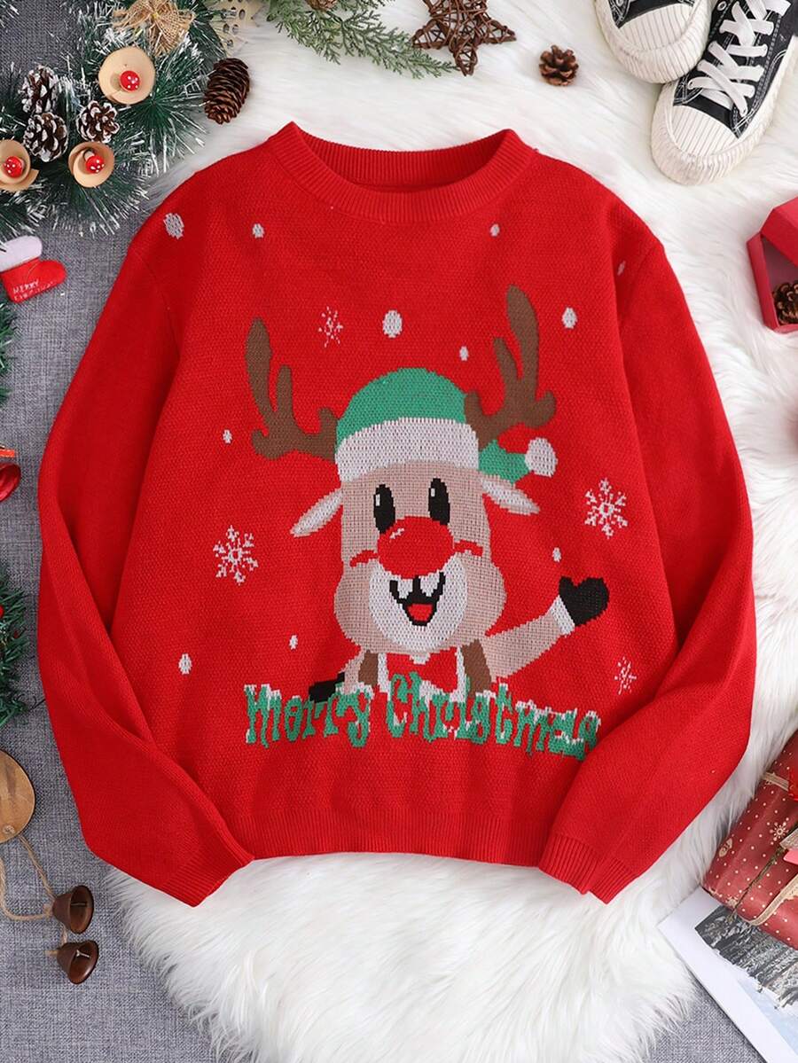 SHEIN 少女可爱驯鹿图案保暖长袖毛衣，圣诞节，秋冬季 - 紅色 - 查看 1