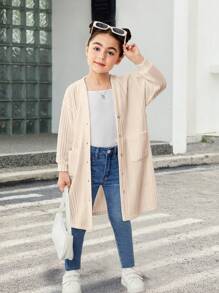 Young Girl Solid Color Extra Loose Knit Long Cardigan - Khaki - View 1