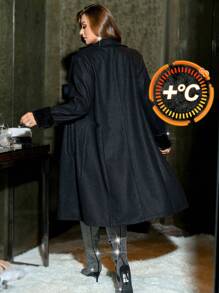 SHEIN Privé Plus Size Elegant Business Workwear Lapel Sleeve Fluffy Patchwork Pockets Long Sleeve Loose Mid-Length Overcoat