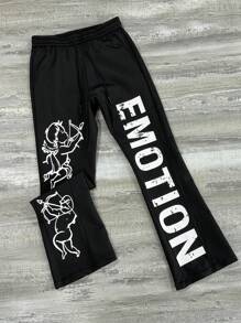 Manfinity EMRG Men's Casual American Street Style Letter & Angel Print Sweatpants, Autumn, Y2k Angel Graphic Drawstring Waist Sweatpants, Black Street Wear Long Sweatpants, For Husband, Boyfriend Gifts