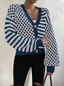 SHEIN Unity Women Casual Stripe & Checkerboard Splicing Drop Shoulder Loose Knit Cardigan - Multicolor - View 4