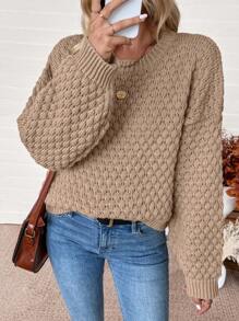 SHEIN LUNE 1pc Women Solid Color Round Neck Dolman Sleeve Oversized Sweater, Autumn/Winter Knit Pullover Fall Outfit