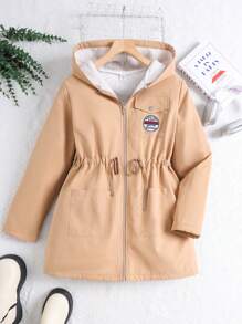 SHEIN Leap Crew Teen Girl's Khaki Thermal Lined Letter Pocket Hoodie Thick Warm Long Waist Coat, Autumn & Winter