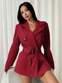 SHEIN EZwear Double-Breasted Solid Color Fashion Mid-Length Cinched Waist Long Sleeve Trench Coat In Fall/Winter - Red - View 3