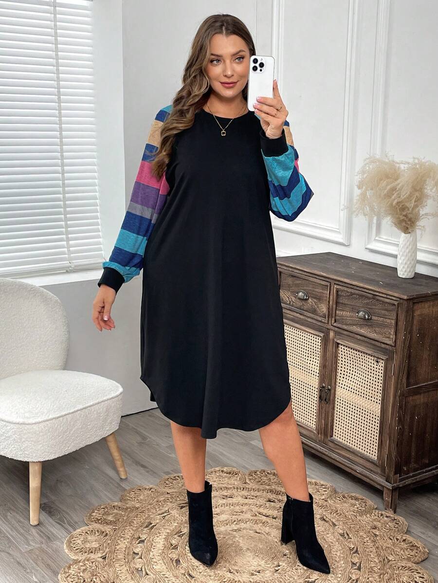 EMERY ROSE Plus Size Casual Colorblock Striped Raglan Sleeve Dress, Autumn