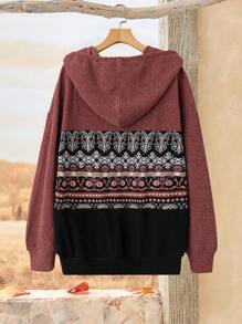 EMERY ROSE Plus Size Women's Casual Colorblock & Graphic Print Drawstring Sweatshirt For Winter - Multicolor - View 2