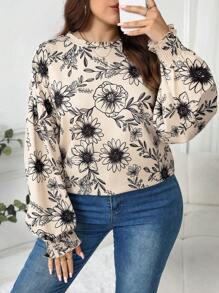 SHEIN LUNE Plus Size Women Floral Print Loose Drop Shoulder T-Shirt, Casual For Everyday Wear, Autumn Thanksgiving Holiday - Beige - View 3