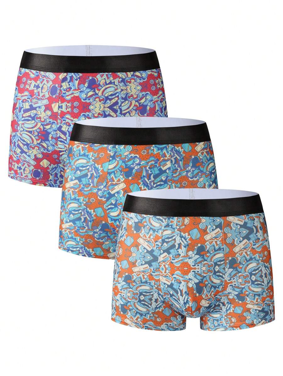 Set de 3 calzoncillos tipo bóxer con estampado completo, de moda y cómodos para hombre