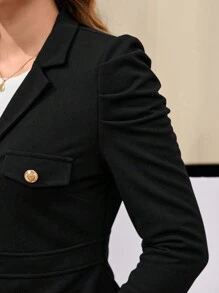 EMERY ROSE 1 件女式翻领羊腿袖荷叶边下摆修身夹克 - 黑色 - 查看 5