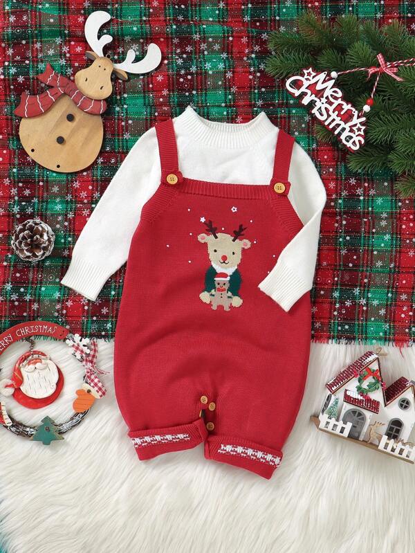 SHEIN Conjunto Casual de Roupa de Bebê Menino com Tema de Natal, Incluindo Macacão de Suéter, Macacão com Babador Estampado de Cervo Fofo, Jardineira Estilosa, Perfeito para Uso Diário e em Feriados