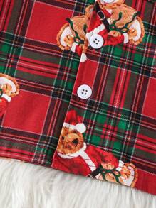 2pcs/Set Tween Boys Burgundy Plaid Bear Print Polo Collar Cardigan And Casual Pants Home Wear, For Christmas - Burgundy - View 7