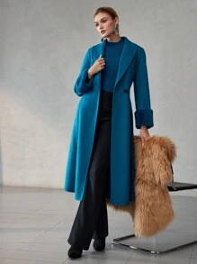 MOTF PREMIUM WOOL SHAWL COLLAR FLUFFY CUFF BELTED OVERCOAT - Blue - View 9