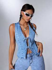SHEIN EZwear Women's Casual Stylish Front Tie Denim Vest, Summer