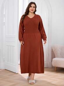 Modelyn Plus Size Women V-Neck Twist Cable Solid Color Dress - Redwood - View 3