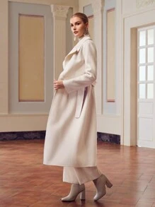 ZEYLAH WOOL LAPEL COLLAR FLAP DETAIL BUCKLE BELTED OVERCOAT - Beige - View 5