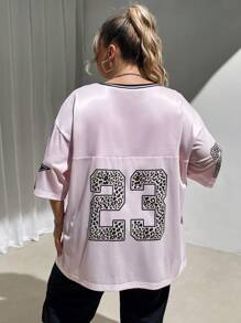 SHEIN CURVE+ Camiseta de mujer de talla grande con estampado rosa de malla - Rosa - Ver 4