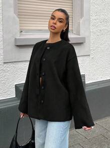 SHEIN EZwear 女式前扣长袖休闲衬衫（配围巾） - 黑色 - 查看 3