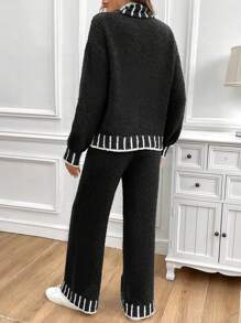 Chiquease 2 Stücke Damen gestreifter Stehkragen Drop-Shoulder Langarm-Pullover und gestrickter Hose Lässig Set, Herbst/Winter - Schwarz - Übersicht 2