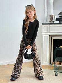 SHEIN Leap Crew Bộ 2 quần ống loe in họa tiết da báo đơn giản thoải mái cho bé gái tuổi teen và áo phông cổ tròn - màu đen - Xem 7