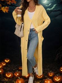 SHEIN LUNE Women Long Cardigans, Warm For Fall & Winter - Yellow - View 2