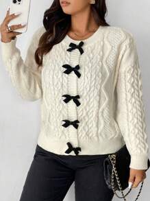 Flirla Plus Size Women Casual Color Block Butterfly Decor Cable Knit Cardigan, For Winter - White - View 1