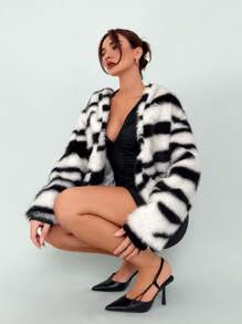 Aloruh Chaqueta casual suelta y elegante con estampado de cebra, chaqueta de piel de estilo retro para mujer, apta para otoño e invierno - Multicolor - Ver 2