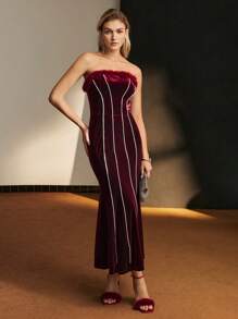 The Great Gatsby x MOTF 天鹅绒蓬松边饰水钻细节美人鱼下摆筒形晚礼服 - 酒紅色 - 查看 9