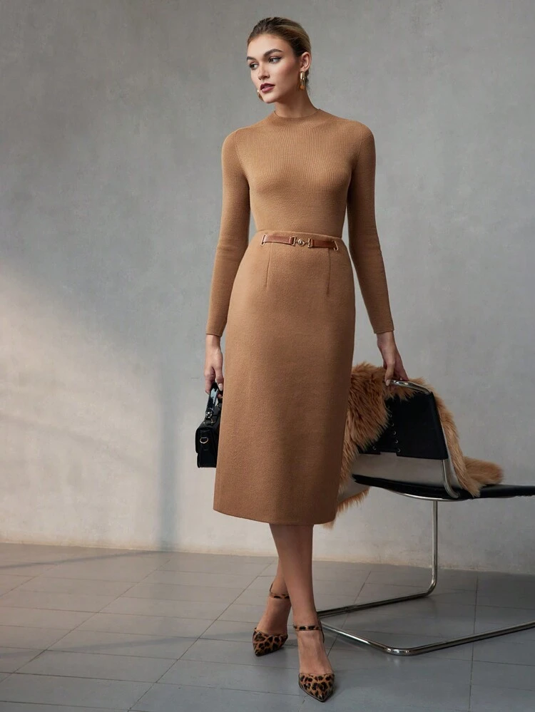 WOOL SOLID BUCKLE WAIST STRAIGHT SKIRT
