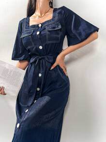 Modelyn Vestido de manga corta con cuello cuadrado, botones frontales y cintura de corbata, para primavera/otoño, casual diario/viaje/vacaciones/fiestas, vestidos largos para eventos de noche - Azul - Ver 6