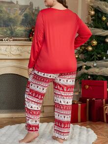 Plus Size Cartoon Christmas Elements Printed Pajama Set, Fall & Winter Clothes - Red - View 2