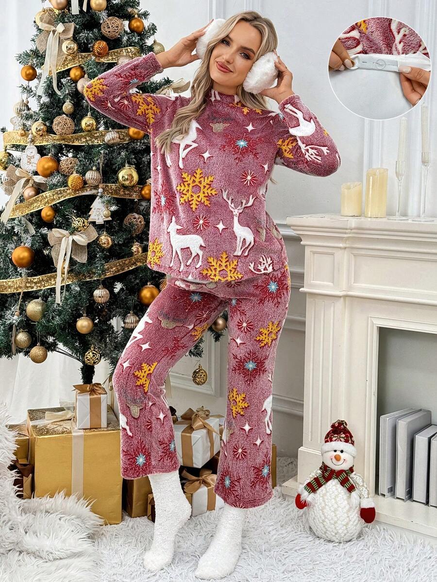 SHEIN 2pcs Christmas Maternity Long Sleeve Top & Pants, For Winter - Multicolor - View 1