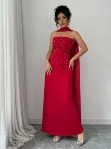 Rafferiza Elegancka czerwona sukienka na imprezę świąteczną, długa suknia z odkrytymi ramionami i odpinanym trenem na noworoczne ubrania Maxi dla kobiet