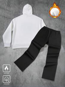 PAVTROS 男士卡通人物印花长袖保暖连帽衫和裤子套装，秋冬季，男士高领衫，男士两件套服装，秋冬季男士服装 - 黑與白 - 查看 2