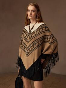 MOTF PREMIUM 人字形图案撞色流苏下摆斗篷毛衣 - 彩色 - 查看 5